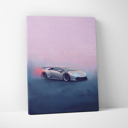 A sleek silver Lamborghini Huracán sports car with glowing headlights on a luxury canvas wall art print