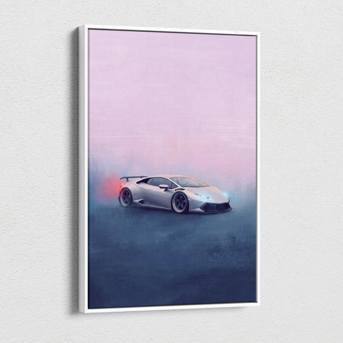 A framed canvas print of a silver lamborghini huracán drifting in misty pastel twilight luxury supercar wall art