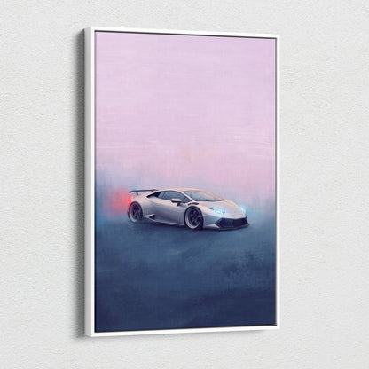 A framed canvas print of a silver lamborghini huracán drifting in misty pastel twilight luxury supercar wall art