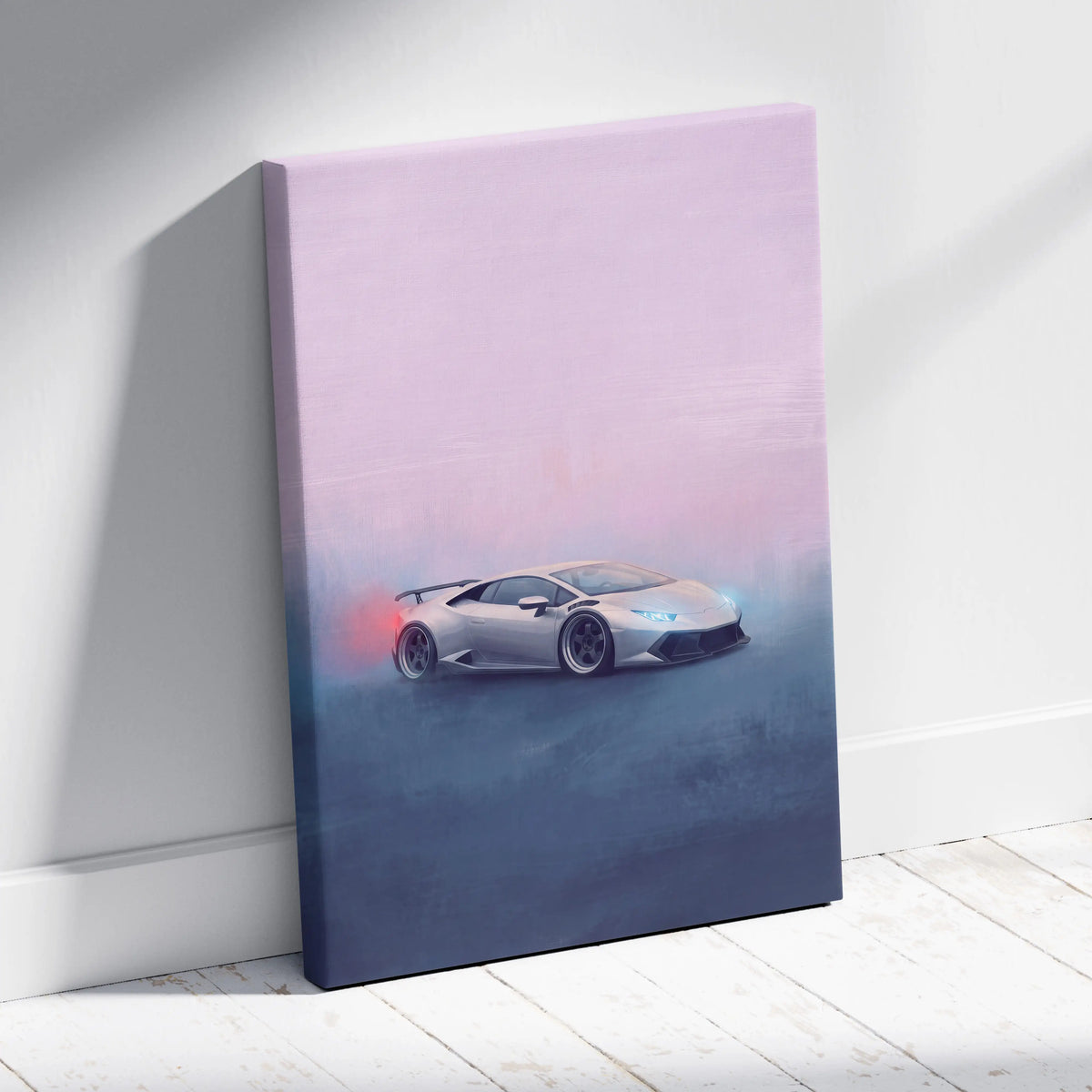 A sleek silver Lamborghini Huracán canvas print with glowing blue headlights and red taillight against pink blue sky