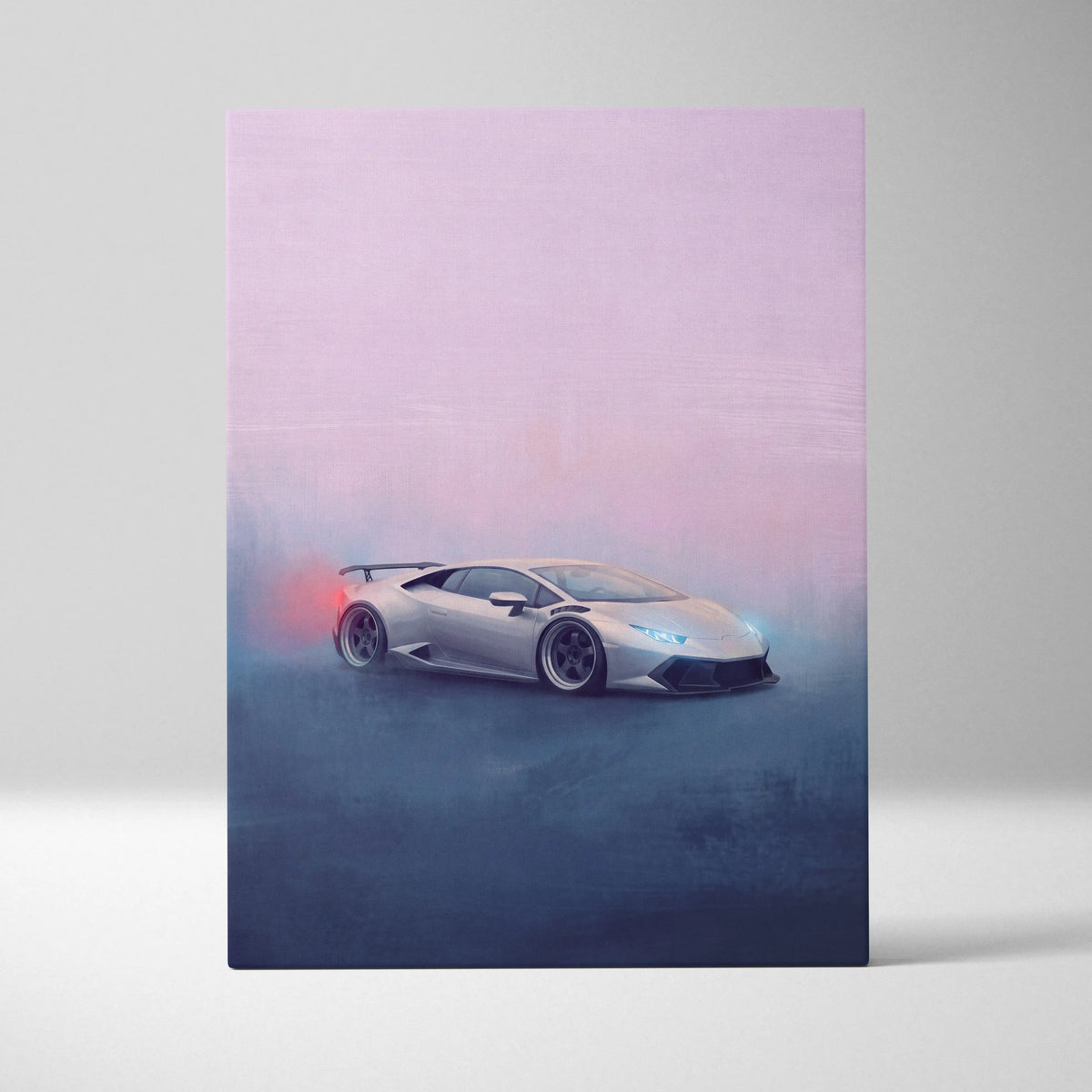 Silver Lamborghini Huracán inspired automotive wall art with glowing headlights and red exhaust smoke on canvas print