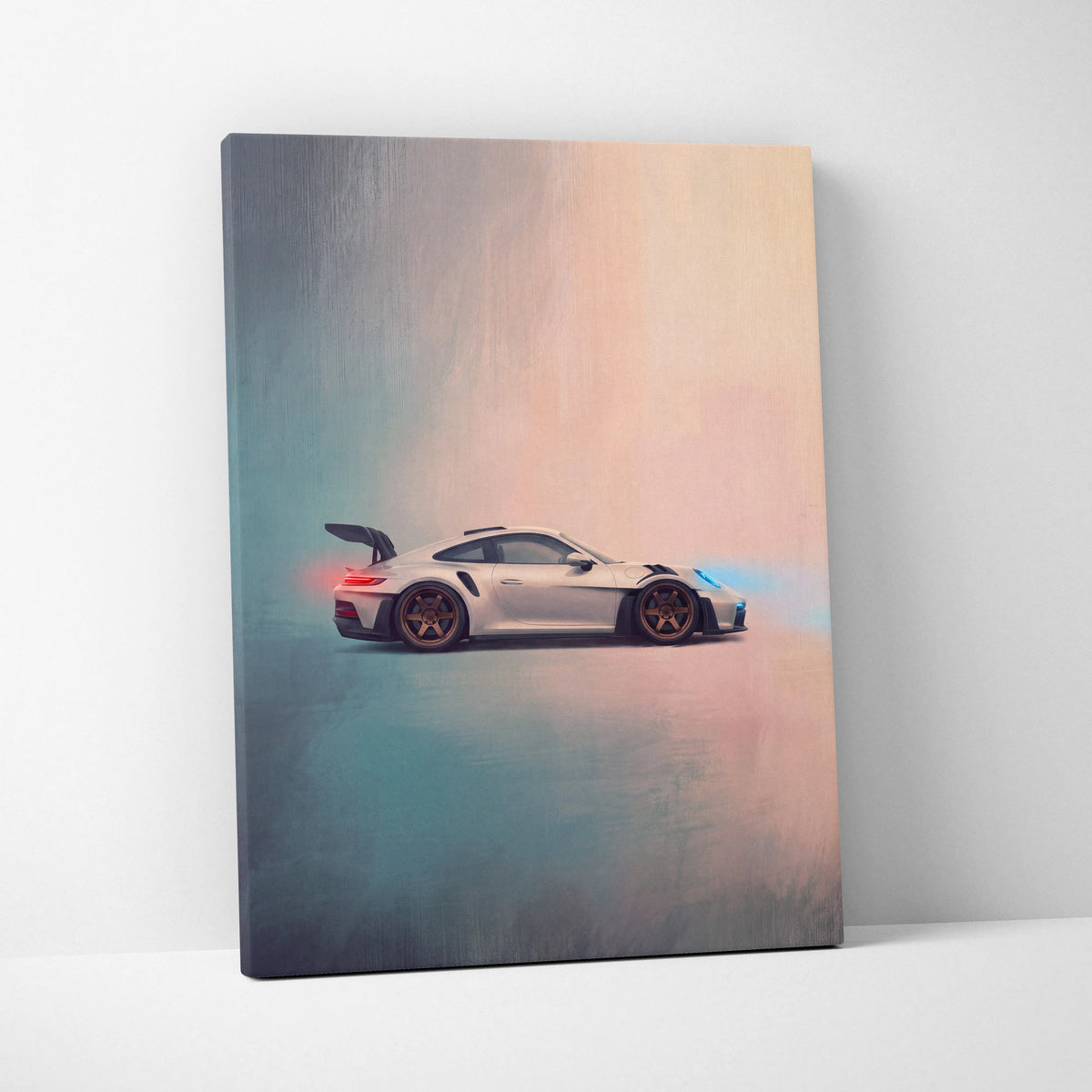 White porsche 911 gt3 rs track edition canvas painting print with sleek sporty design and glowing blue and red wheel accents