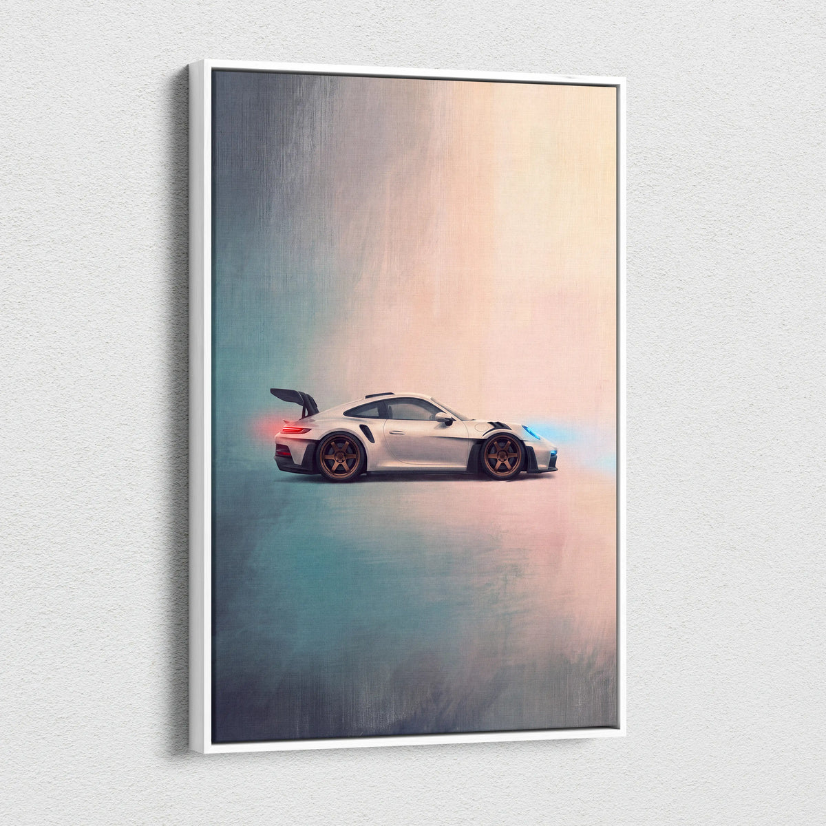 Porsche 911 gt3 inspired white sports car wall art with gold rims black rear spoiler on canvas painting print