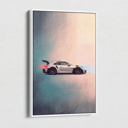 Porsche 911 gt3 inspired white sports car wall art with gold rims black rear spoiler on canvas painting print