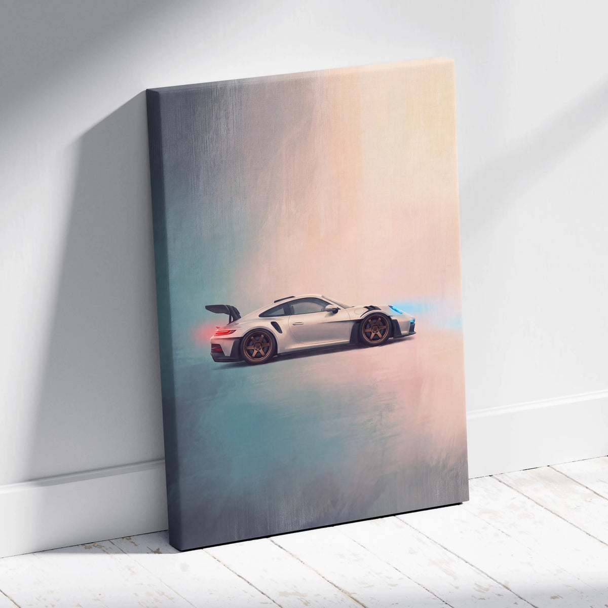 A sleek white porsche 911 gt3 rs sports car canvas print with a soft blue and peach gradient background wall art