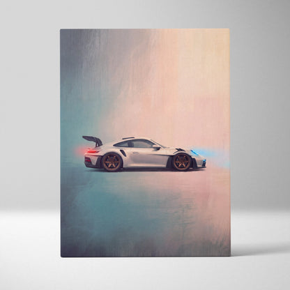 White Porsche 911 GT3 RS sports car with black racing stripes and bronze wheels in stylized track edition canvas print
