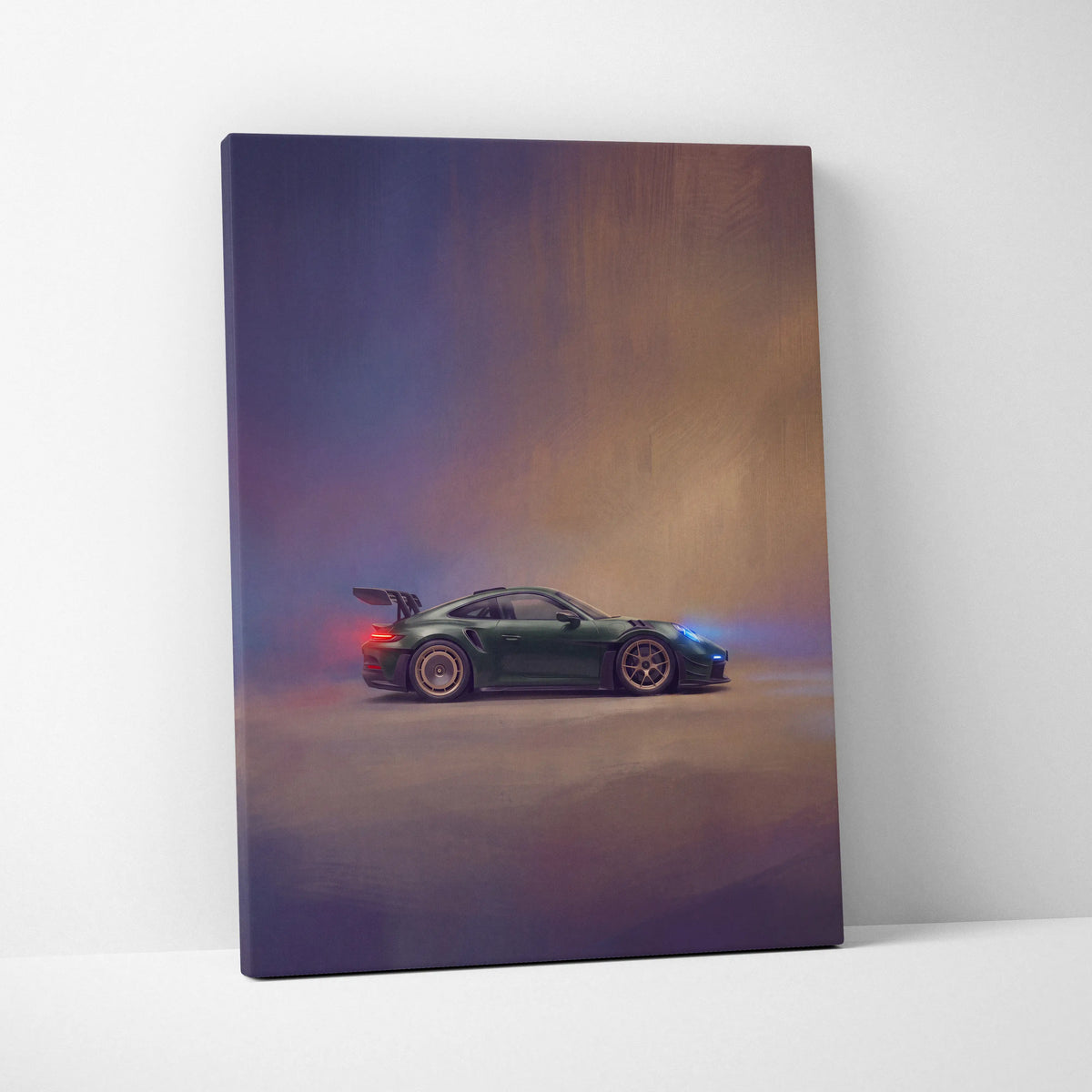 A canvas print of a dark green porsche 911 gt3 rs with blue and red accents on a smoky gradient background