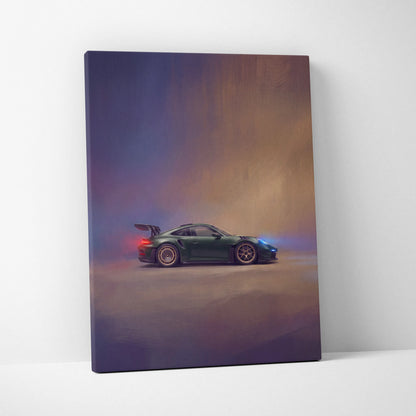 A canvas print of a dark green porsche 911 gt3 rs with blue and red accents on a smoky gradient background