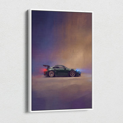 A framed canvas print of a dark green Porsche 911 GT3 RS with glowing lights on a moody gradient background