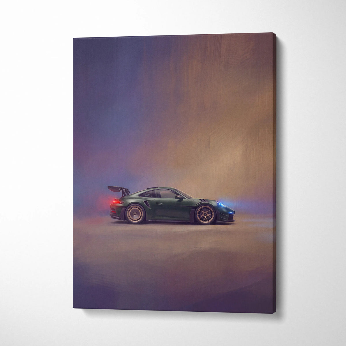 A sleek dark green Porsche 911 GT3 RS canvas print featuring a rear view with glowing red taillights and rear wing