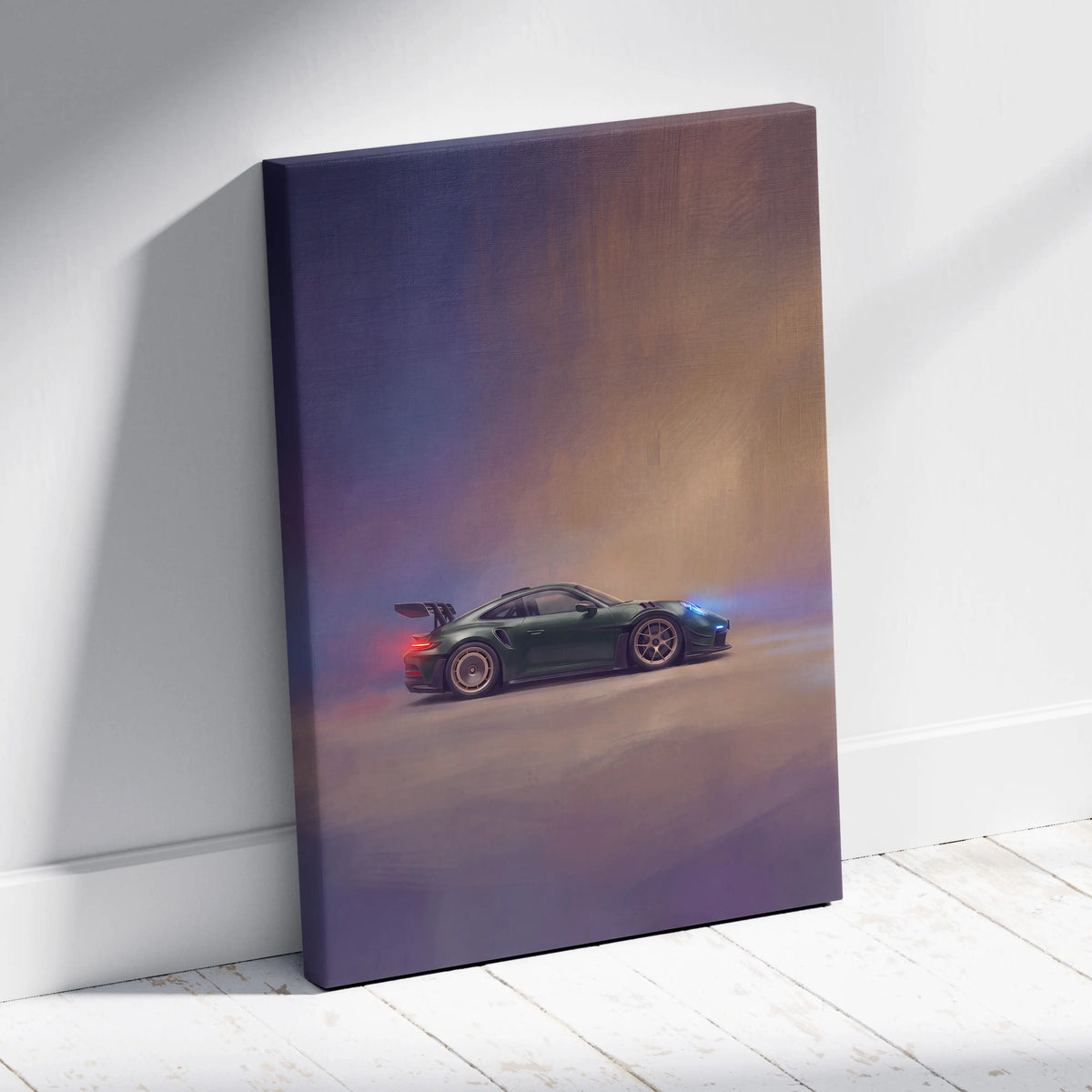 A dark green porsche 911 gt3 rs canvas print featuring a sleek sports car with a rear spoiler and blue headlights