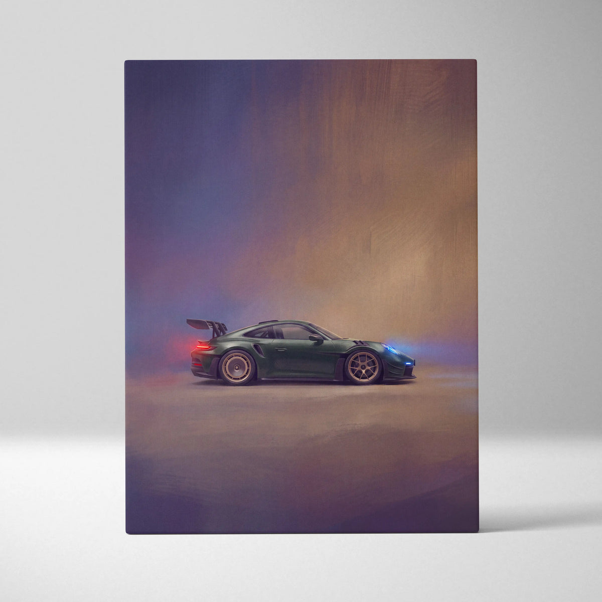 Dark green porsche 911 gt3 rs with rear wing and glowing taillights shown from back on german supercar canvas print