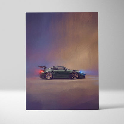 Dark green porsche 911 gt3 rs with rear wing and glowing taillights shown from back on german supercar canvas print