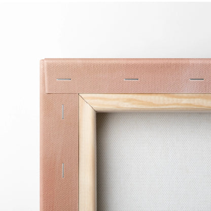 A blush pink canvas frame with natural wood border and stitching vintage Ford Mustang Mach 1 wall art for living room