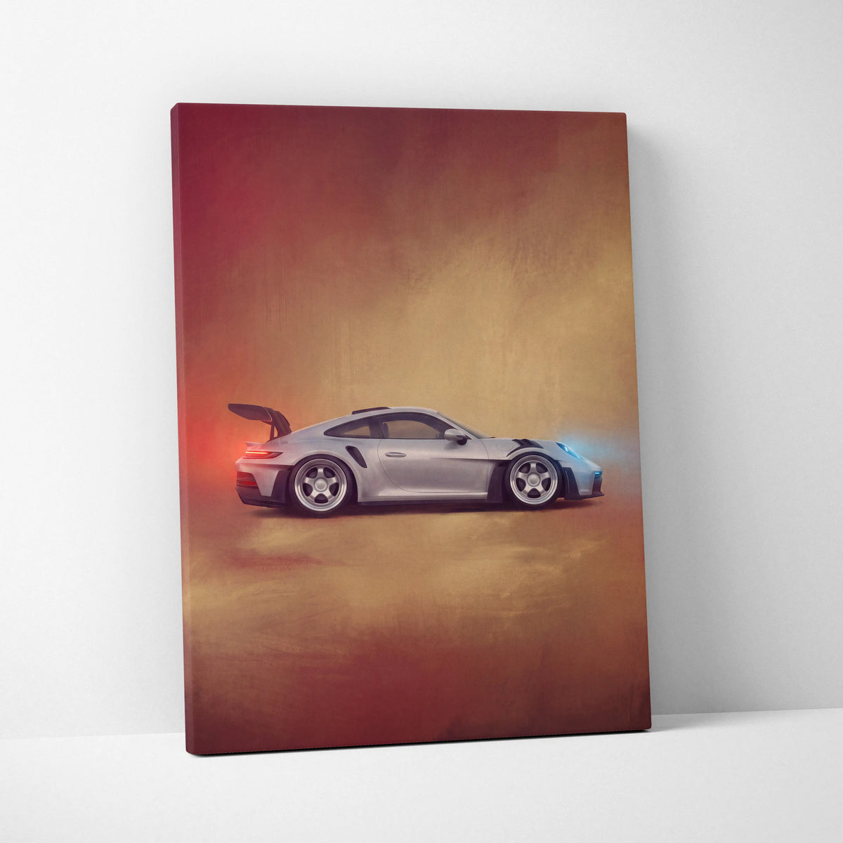 Silver porsche 911 gt3 rs inspired canvas art with glowing red and blue accents on premium automotive wall decor