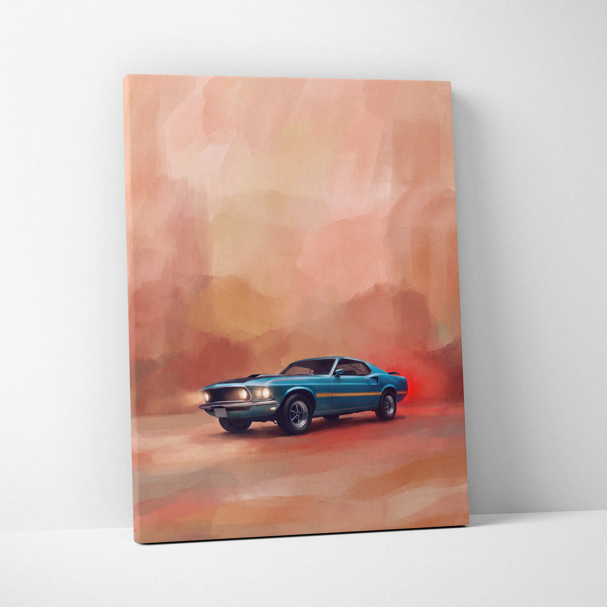 Teal and gold Ford Mustang Mach 1 inspired classic muscle car canvas print vintage fastback wall art for living room