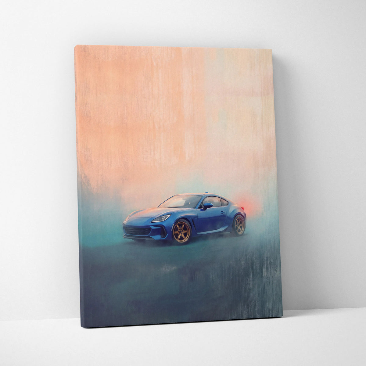 Subaru brz inspired canvas wall art featuring a blue sports car with gold rims on a smoky gradient background