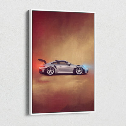 Silver porsche 911 gt3 rs inspired canvas art featuring a sleek aerodynamic sports car with glowing red and blue accents
