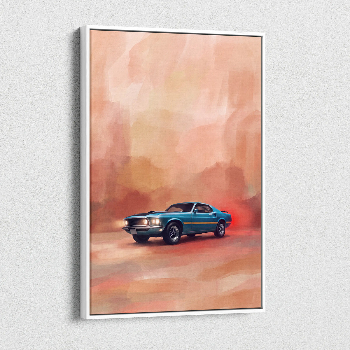 A teal classic muscle car with a gold stripe in an artistic painting on white framed canvas for living room wall art