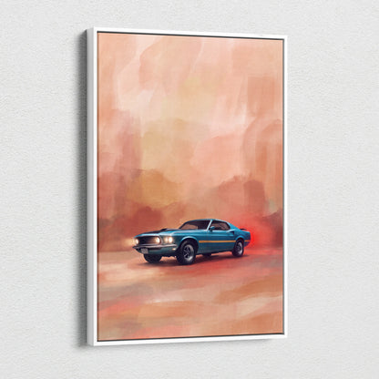 A teal classic muscle car with a gold stripe in an artistic painting on white framed canvas for living room wall art