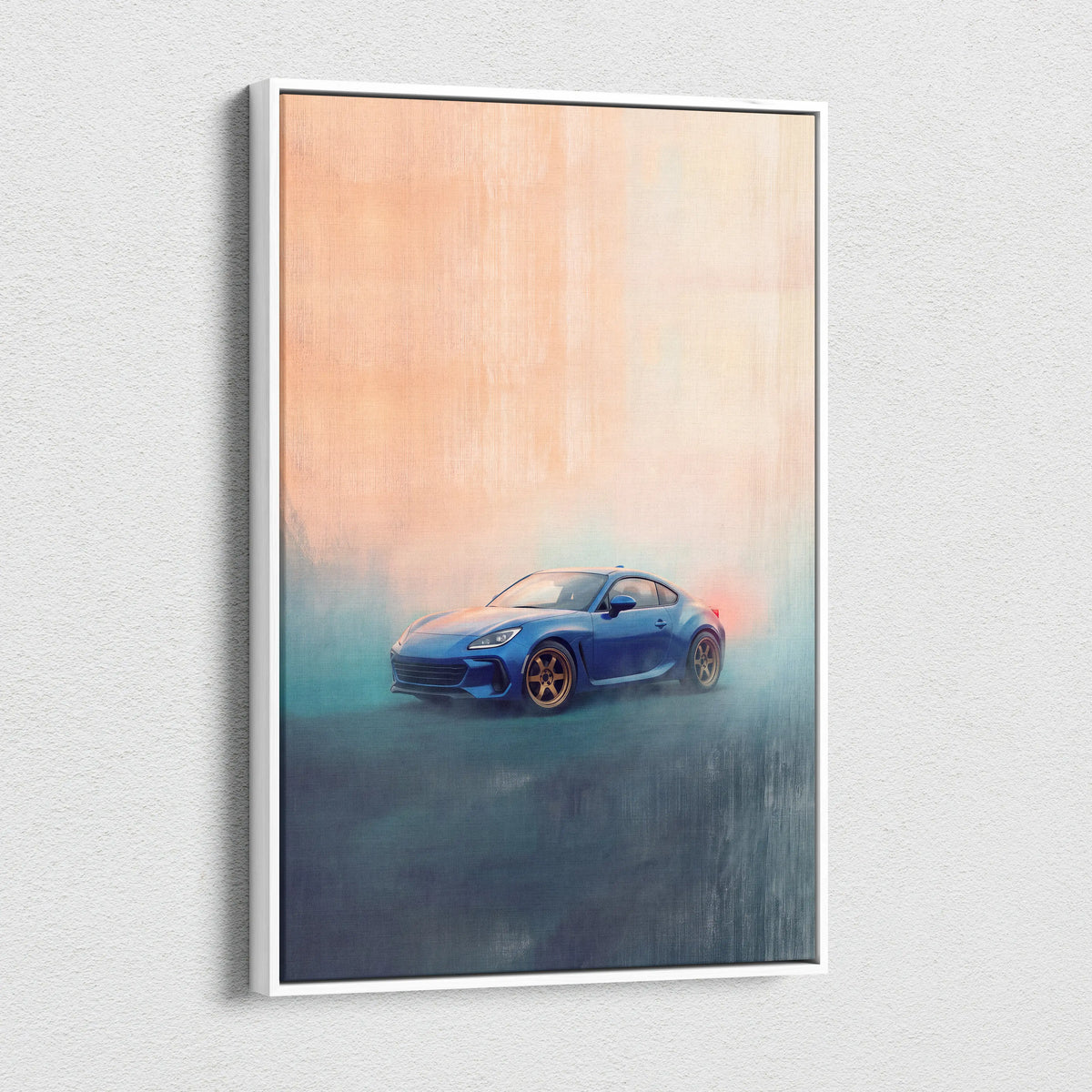 Subaru brz inspired canvas wall art featuring a blue sports car with golden rims and misty gradient background for bedroom decor