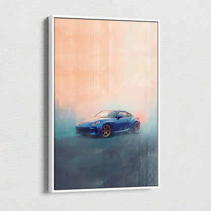 Subaru brz inspired canvas wall art featuring a blue sports car with golden rims and misty gradient background for bedroom decor