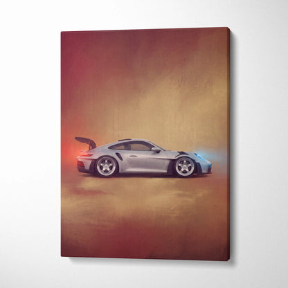 Silver Porsche 911 GT3 RS inspired canvas art featuring sleek design with red and blue accents for automotive wall decor