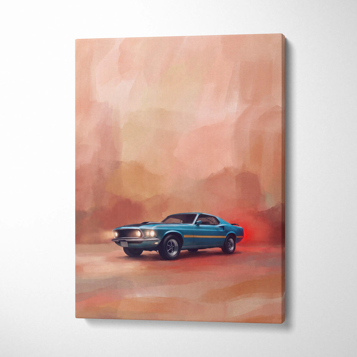 Teal classic ford mustang mach 1 muscle car with gold stripe on vintage fastback canvas print for living room wall art