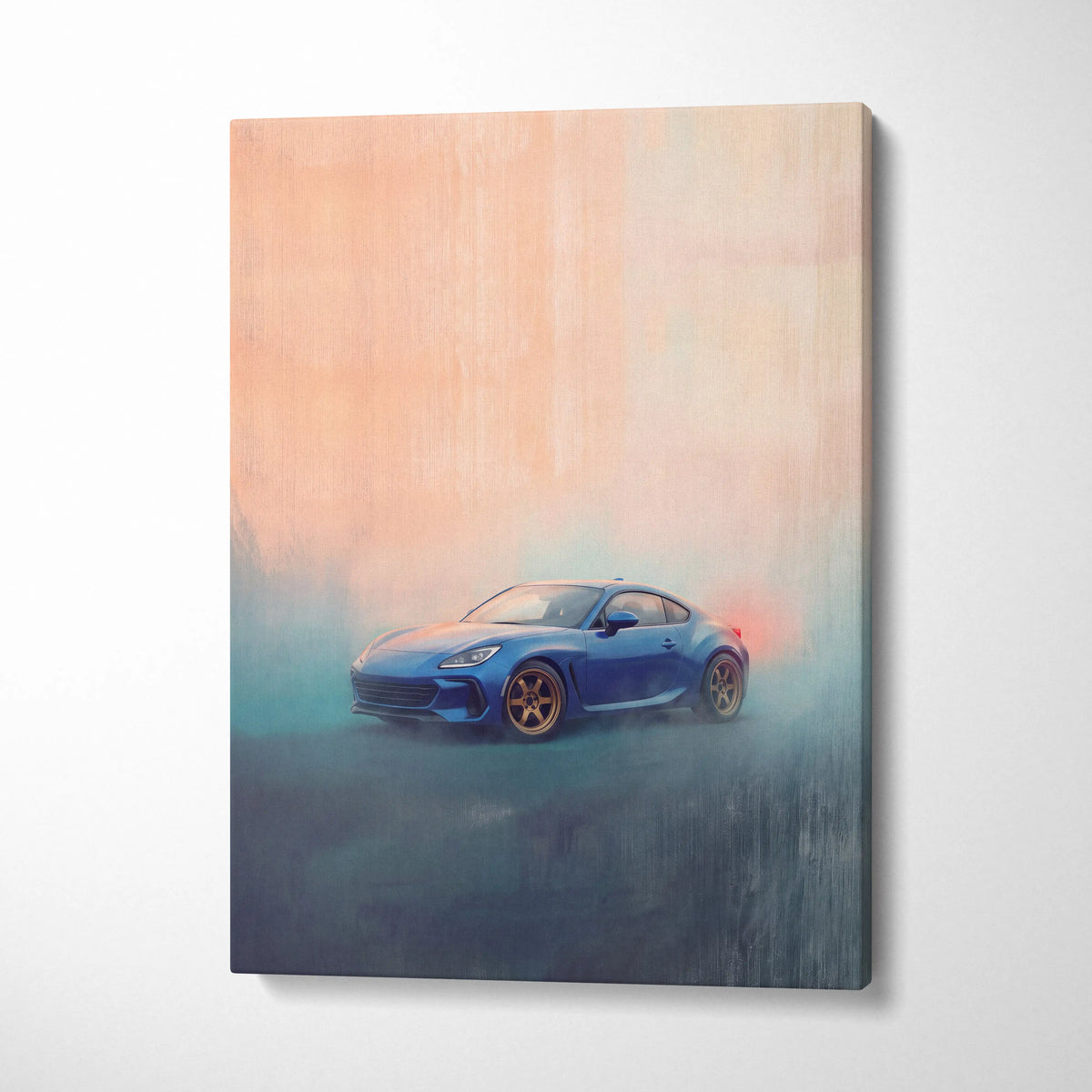 Subaru brz inspired canvas wall art featuring blue sports car with gold rims in a smoky painterly style for bedroom decor