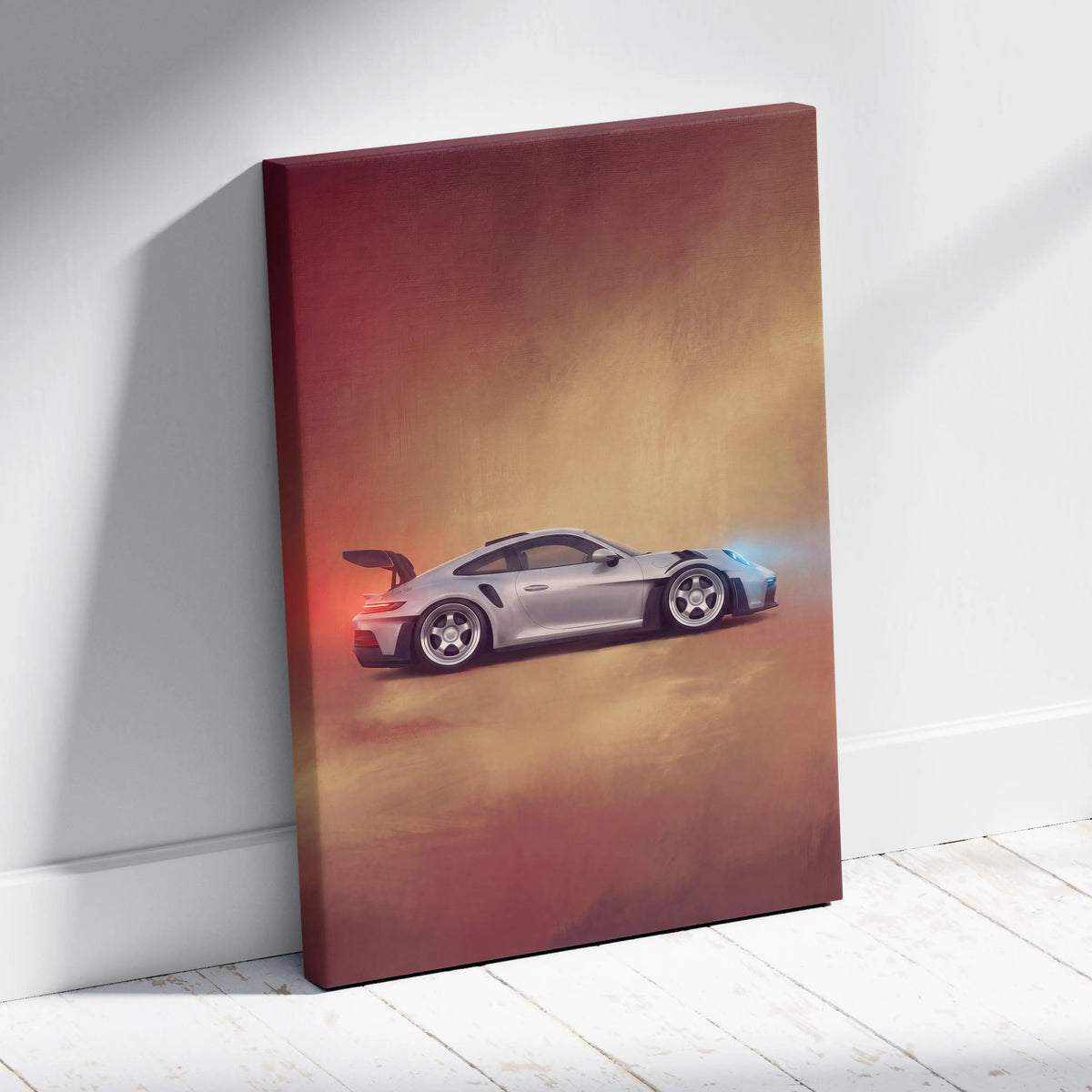 Silver porsche 911 gt3 rs canvas art featuring a dynamic side profile against a gradient sunset background premium decor