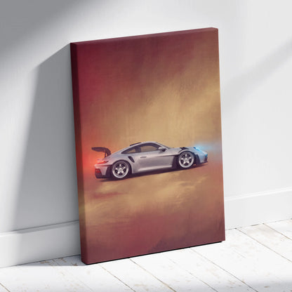Silver porsche 911 gt3 rs canvas art featuring a dynamic side profile against a gradient sunset background premium decor