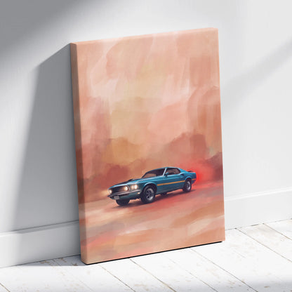 Teal Ford Mustang Mach 1 inspired muscle car canvas print with gold racing stripes and stylized desert backdrop for living room