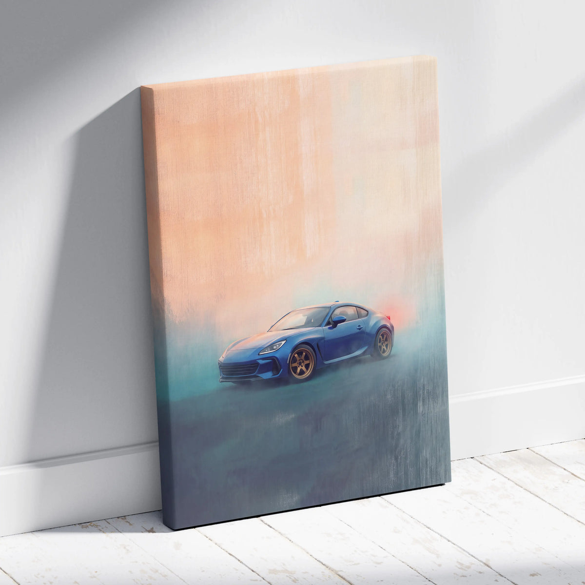 Blue Subaru BRZ inspired sports car canvas wall art with gold rims and motion blur for bedroom decor