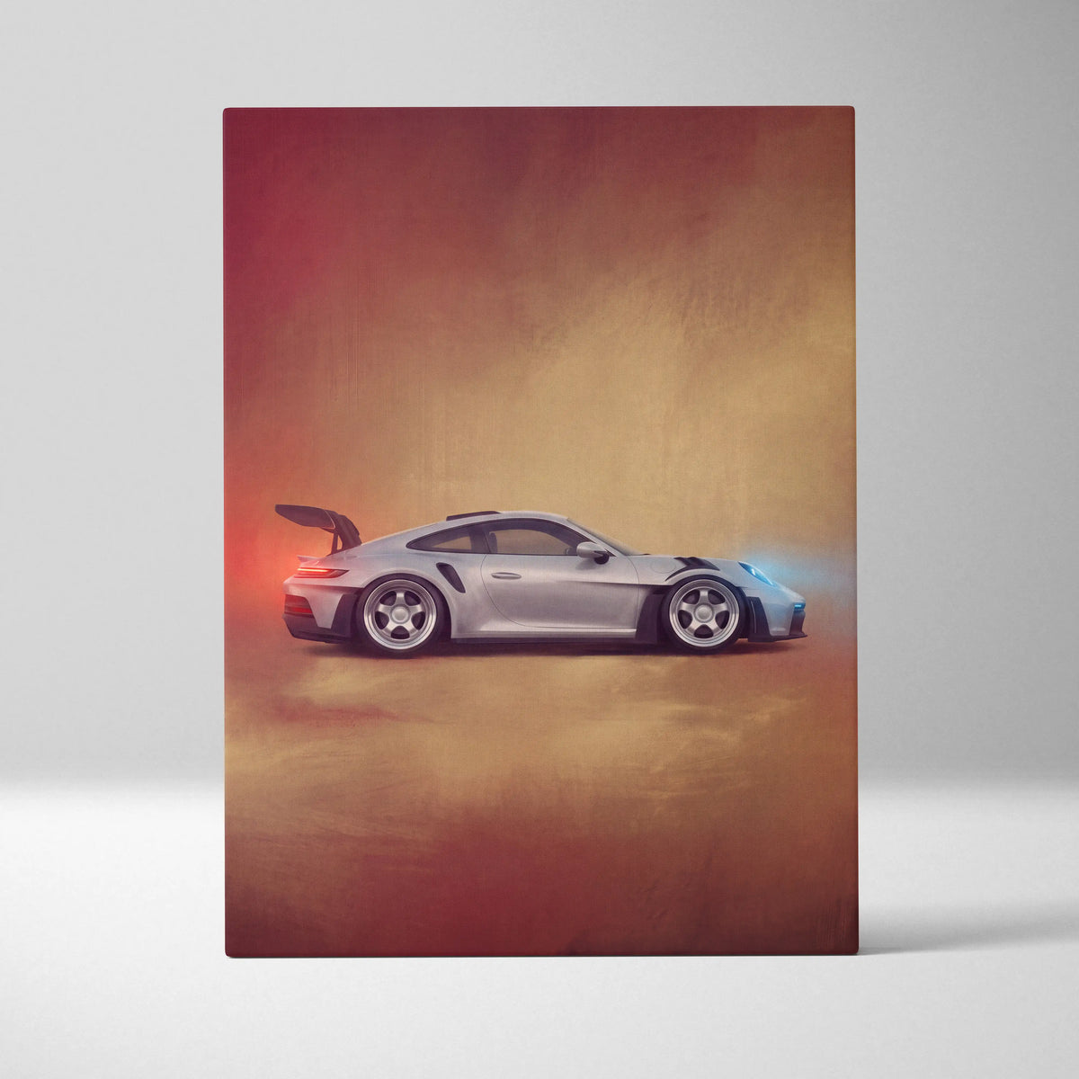 Silver porsche 911 gt3 rs illustration on canvas with black racing stripes and glowing red blue accents premium wall decor