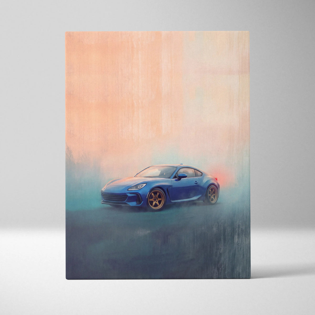 Subaru BRZ inspired canvas wall art featuring a blue sports car with gold rims for bedroom decor
