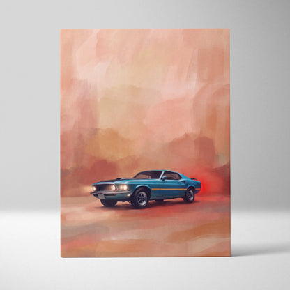 Teal and gold 1960s ford mustang mach 1 muscle car artwork on canvas vintage fastback print for living room wall decor