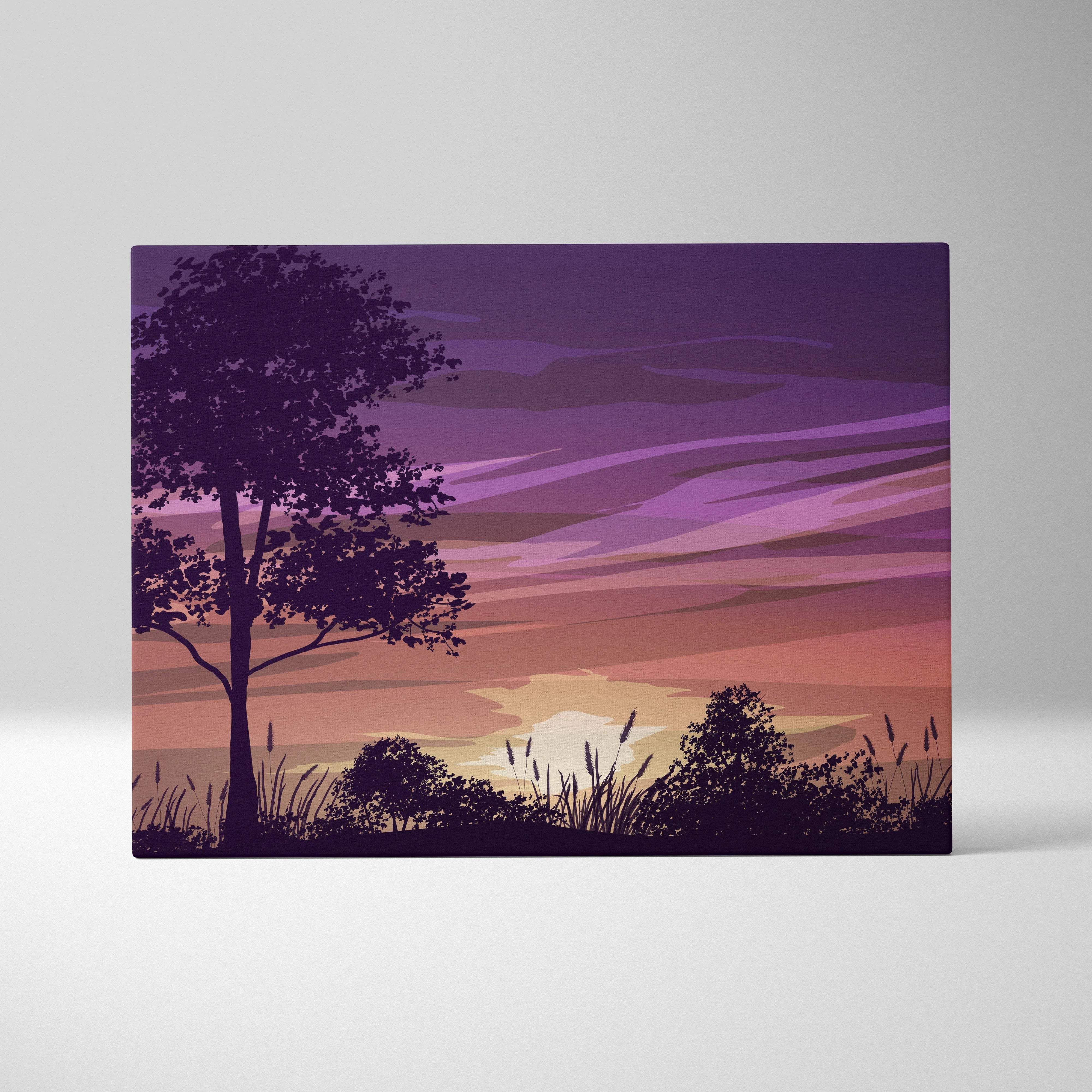 Minimalist purple pink peach sunset tree silhouette canvas wall art