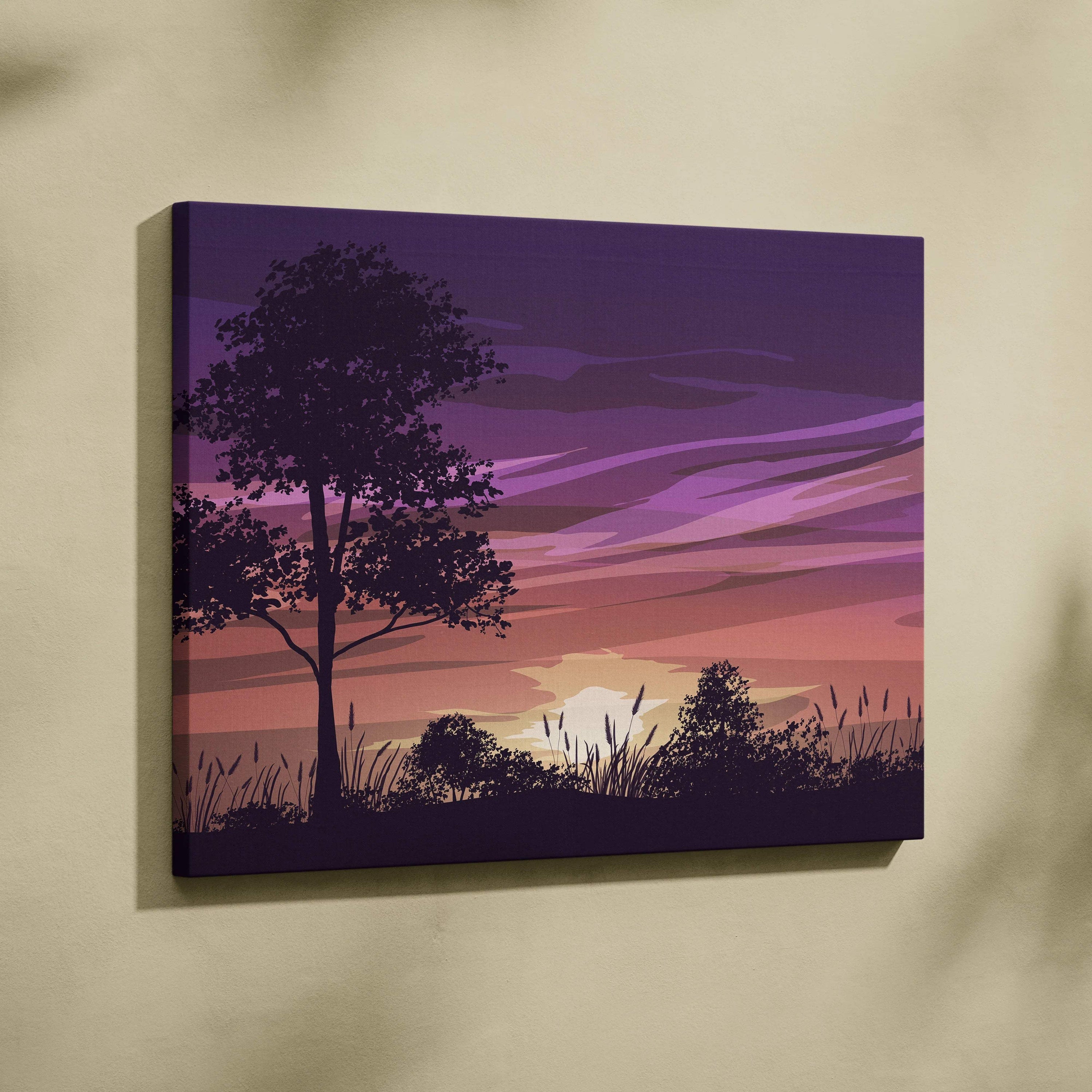 Minimalist purple pink peach sunset canvas with tree silhouette