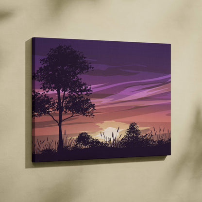 Minimalist purple pink peach sunset canvas with tree silhouette