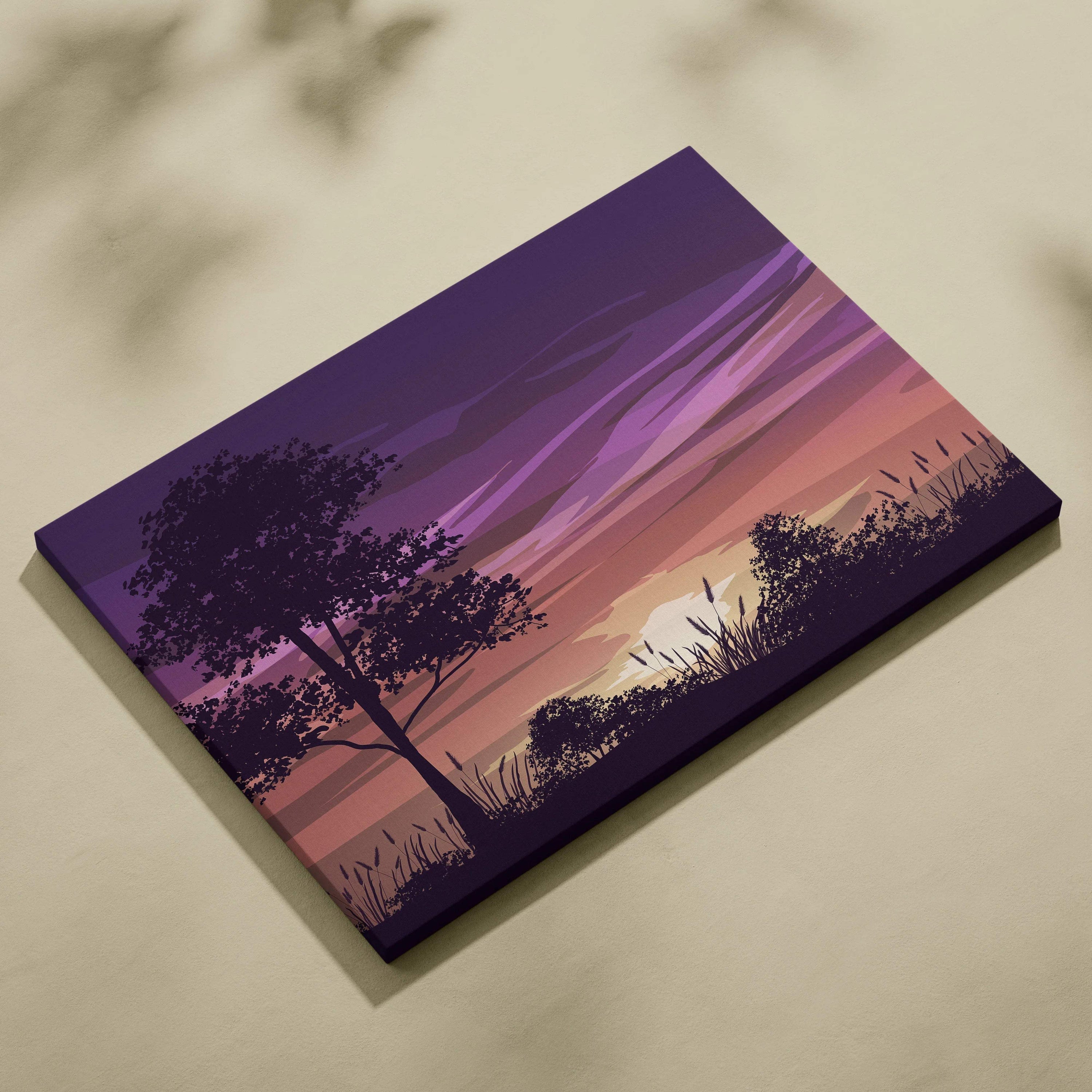 Minimalist purple pink peach sunset canvas with tree silhouettes