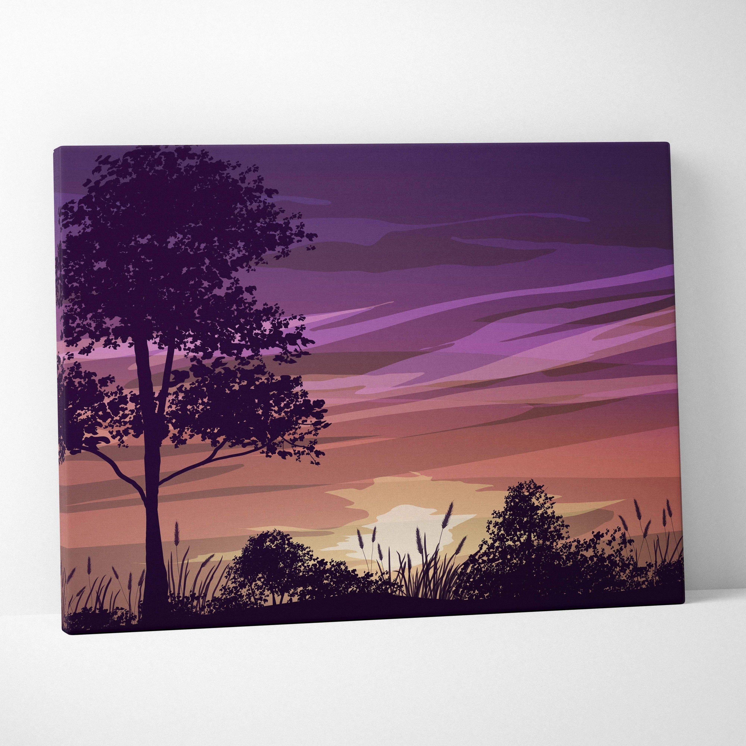 Minimalist purple pink peach sunset canvas with tree silhouette
