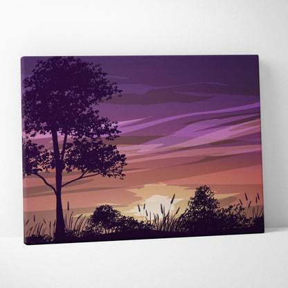 Minimalist purple pink peach sunset canvas with tree silhouette