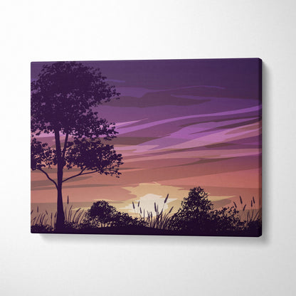 Minimalist purple pink peach sunset canvas with tree silhouette
