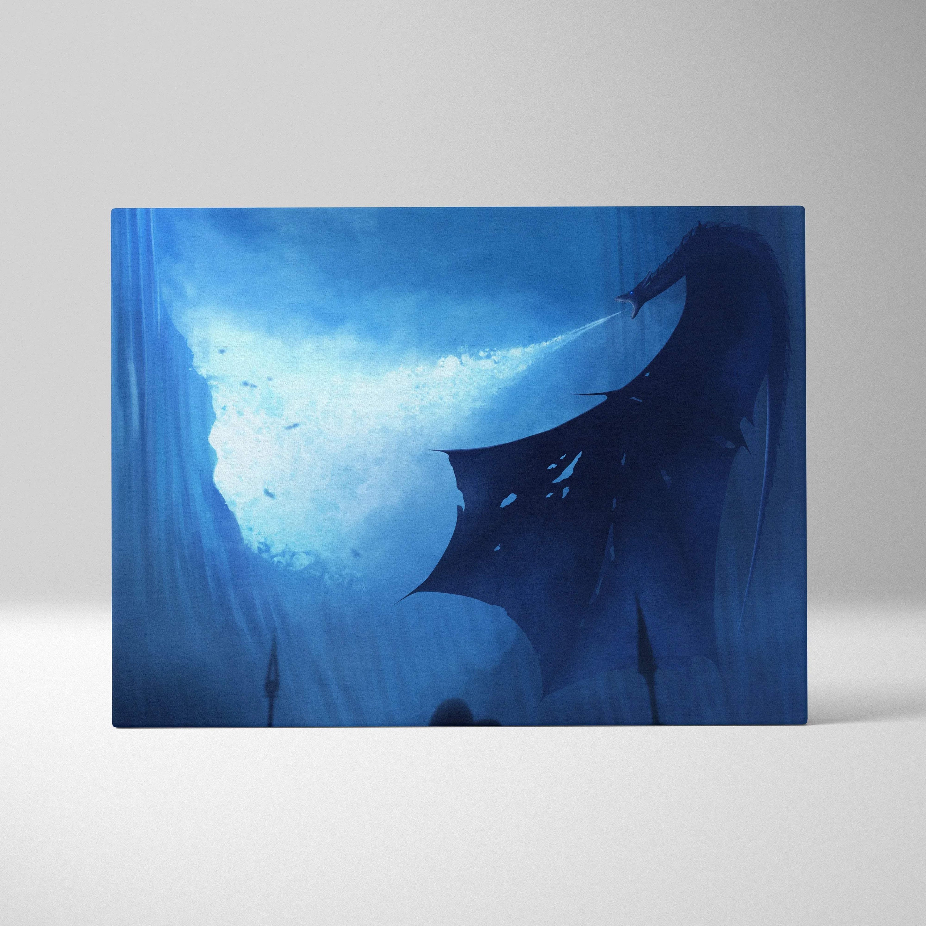 Dark fantasy blue dragon silhouette canvas wall art with icy breath