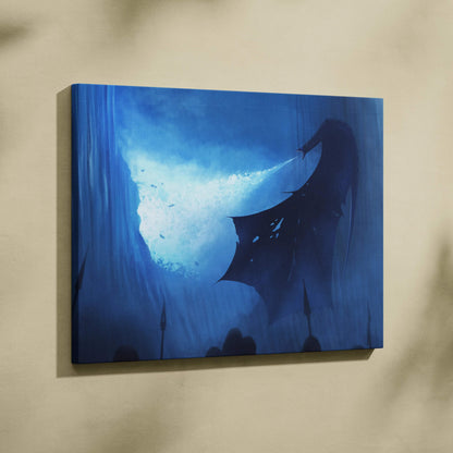Dark fantasy dragon silhouette canvas wall art with icy breath and misty blue sky