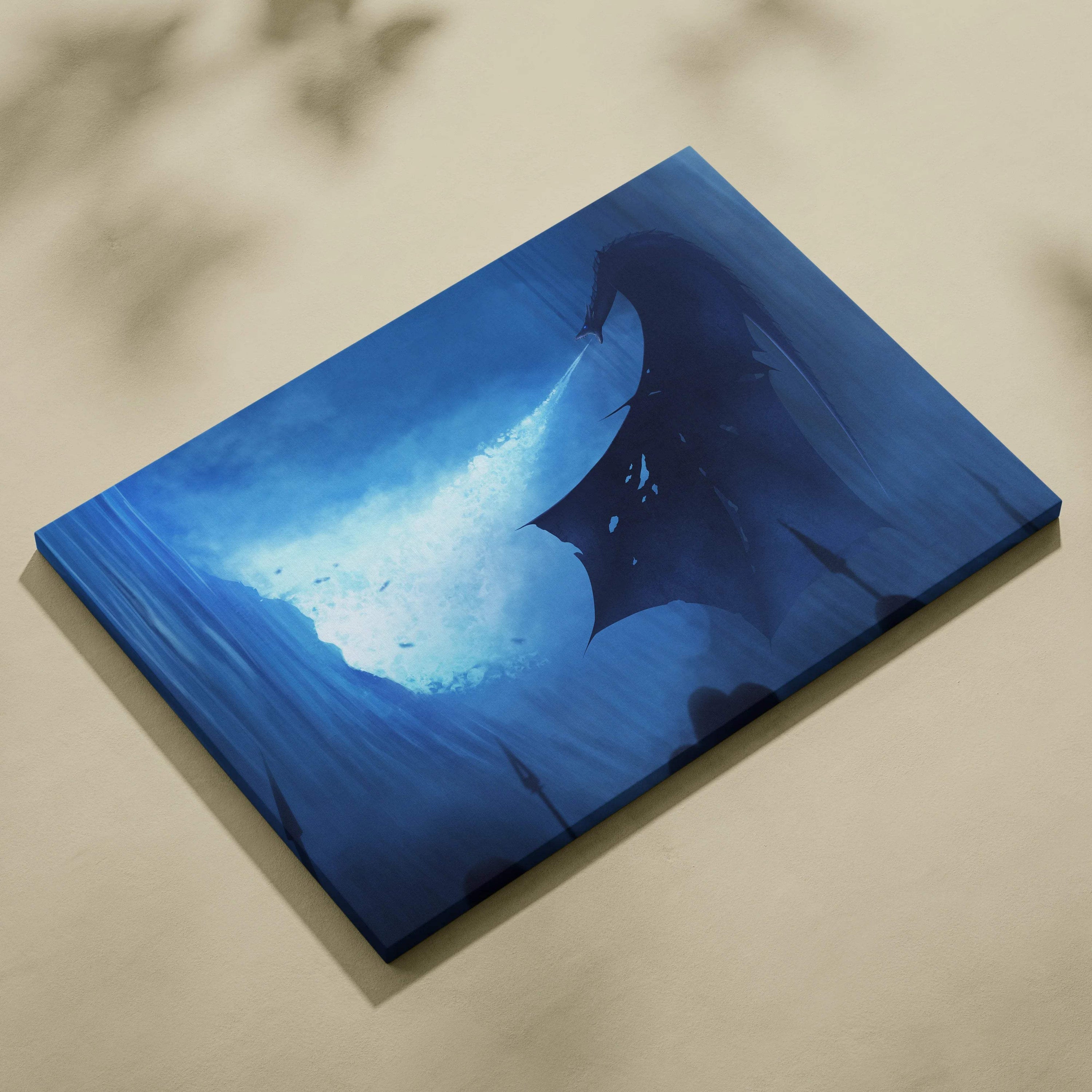Dark fantasy dragon silhouette canvas wall art with icy breath