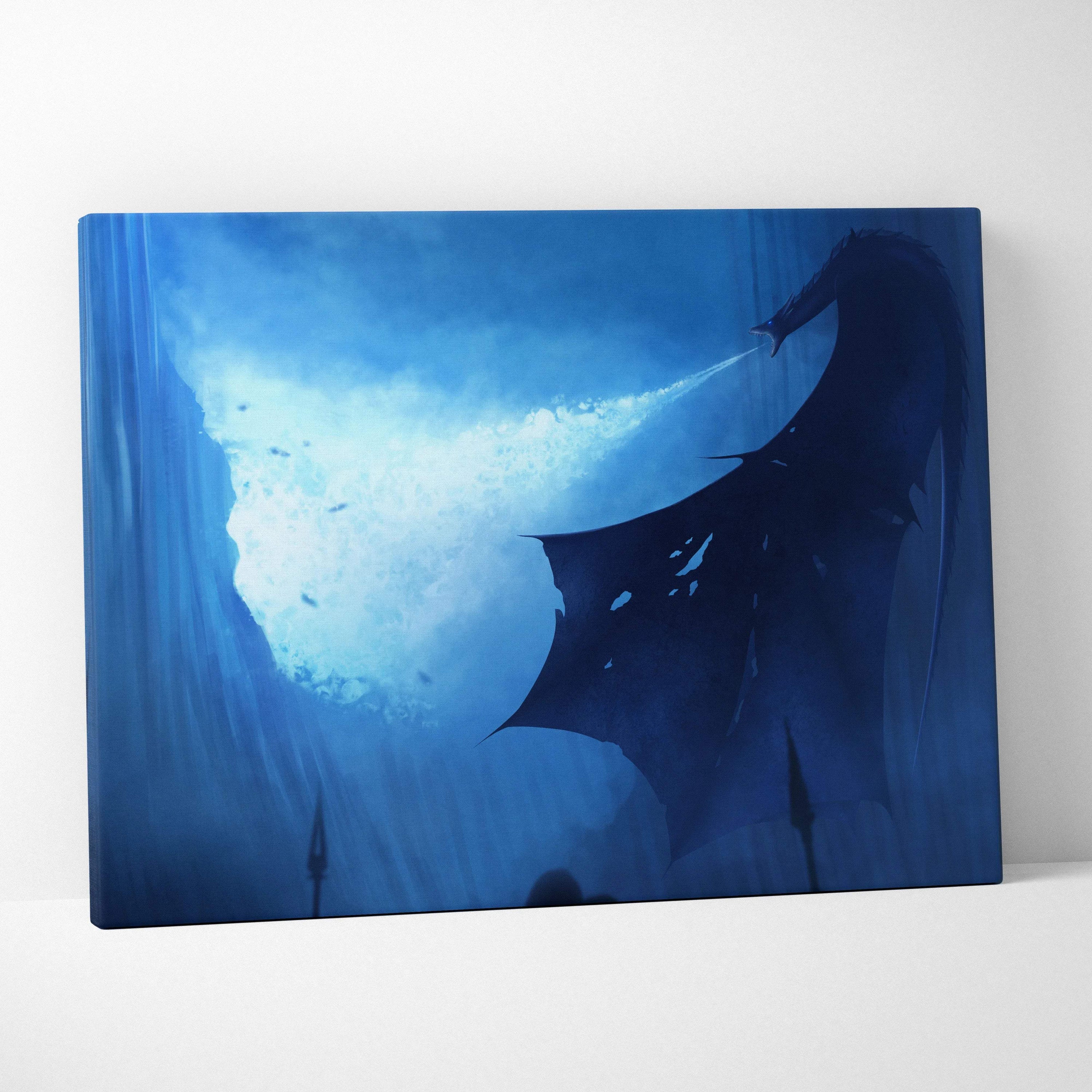 Dark fantasy dragon silhouette canvas with icy breath, underwater scene