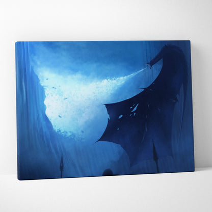 Dark fantasy dragon silhouette canvas with icy breath, underwater scene