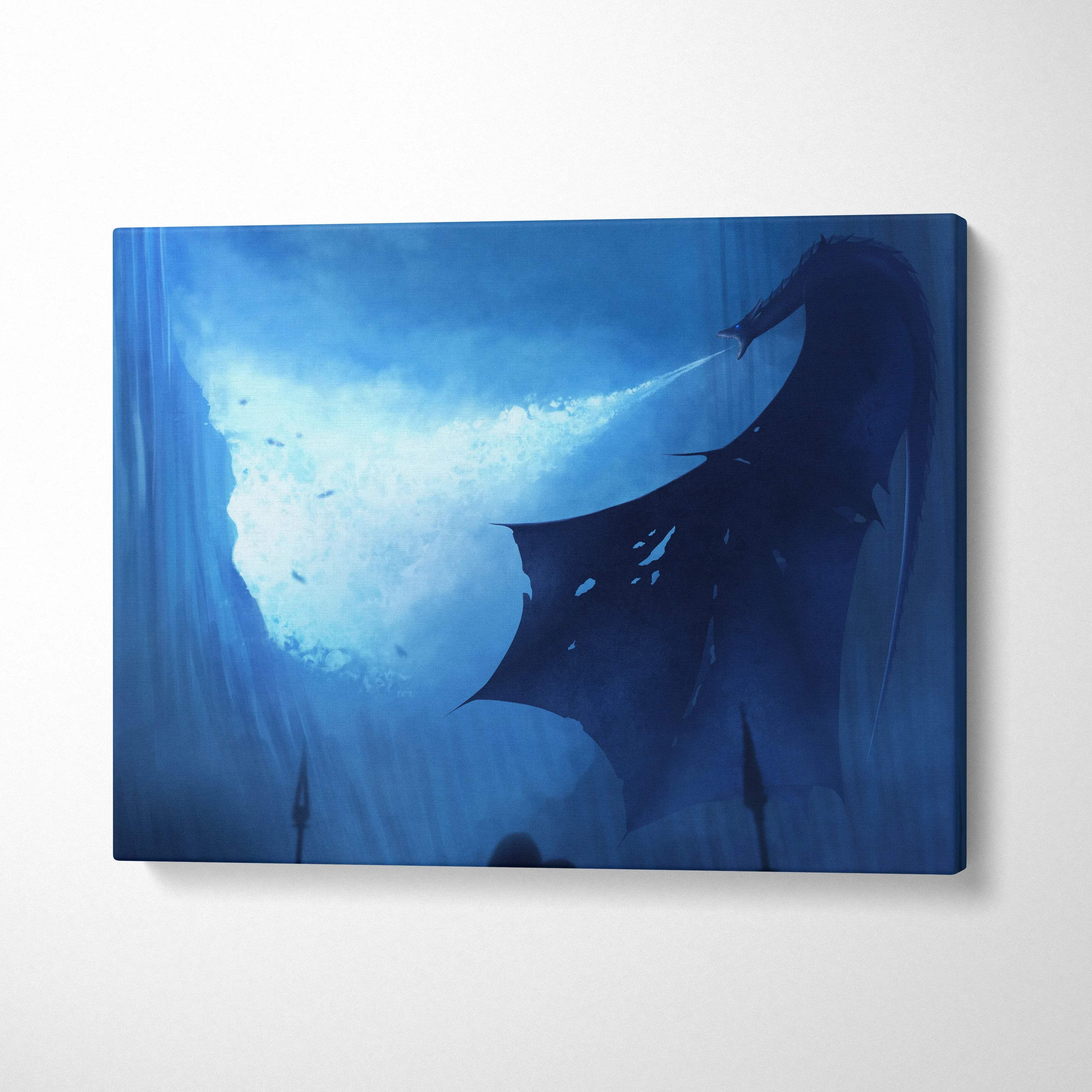 Dark fantasy dragon silhouette canvas wall art with icy breath and misty blue glow