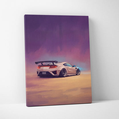 Acura NSX inspired supercar canvas art print featuring a light beige sports car with rear spoiler against purple sky